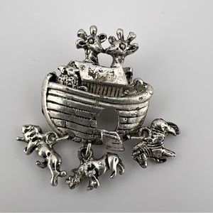 Silver Tone - Vintage Noah's Arc Theme Dangling Brooch Pin. Used.
